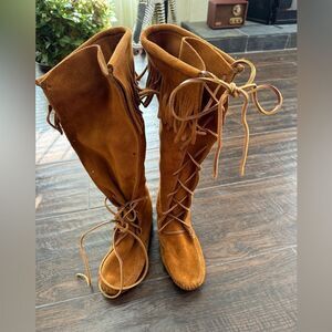 Minnetonka knee high fringe suede moccasins